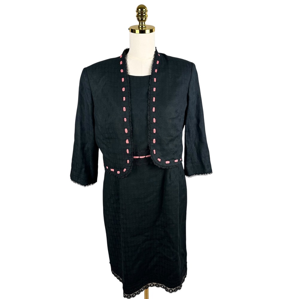Plaza South Petite 12P Linen Cotton Black 2pc Dress Jacket Set Pink Ribbon Trim